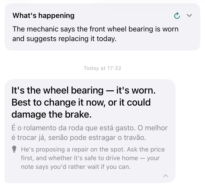 Tolka at a mechanic. A card headed 'What's happening' reads: the mechanic says the front wheel bearing is worn and suggests replacing it today. Below it, his sentence in English, the original Portuguese underneath, and a note: he's proposing a repair on the spot — ask the price first, and whether it's safe to drive home.